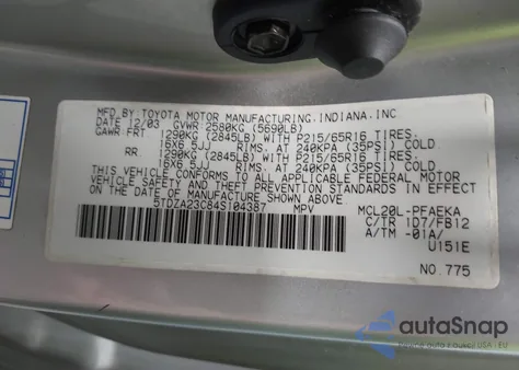 2004 Toyota Sienna Le из США, поврежденный, VIN 5TDZA23C84S104387